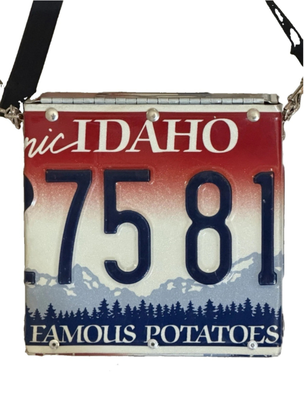 LITTLE EARTH IDAHO LICENSE METAL PLACE SQUARE BAG RARE 90 VINTAGE